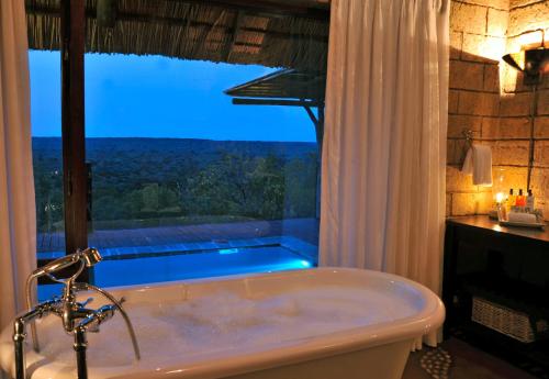 莫迪默勒Zwahili Private Game Lodge & Spa的带浴缸的浴室和大窗户