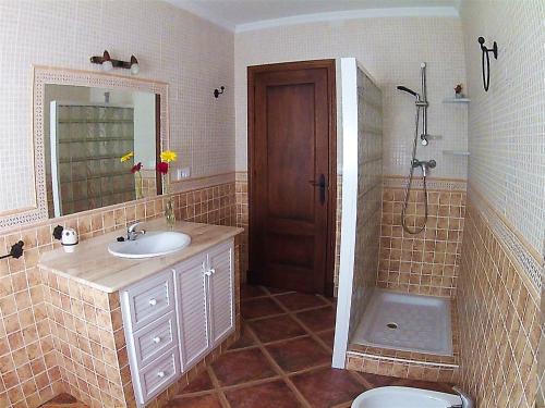 埃尔博斯克Casa Rural Entreparques的一间带水槽、淋浴和卫生间的浴室