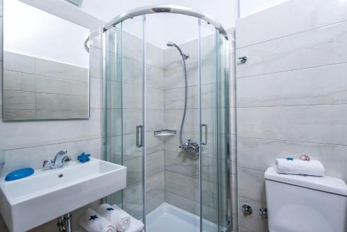赫索尼索斯福拉瑞酒店的带淋浴、盥洗盆和卫生间的浴室
