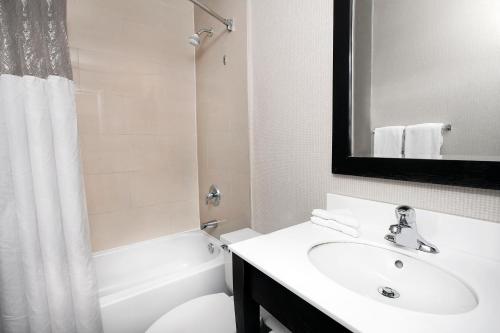 尼亚加拉瀑布Skyline Hotel & Waterpark的一间带水槽、卫生间和镜子的浴室