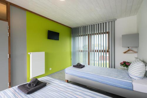 比特亨巴赫Worriken的一间卧室设有两张床和绿色的墙壁