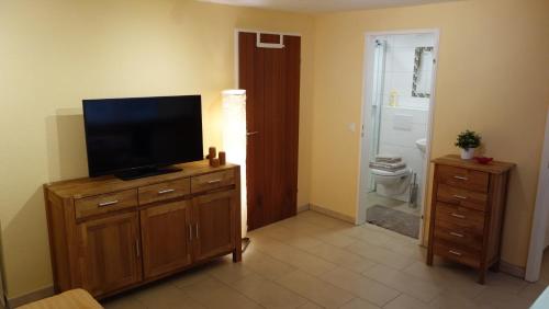 纽伦堡Nürnberg Apart - Business Apartment的浴室设有带电视的梳妆台和卫生间。