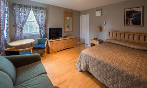 谢蒂坎普杜塞宾馆的一间卧室配有一张床、一张桌子和一张沙发