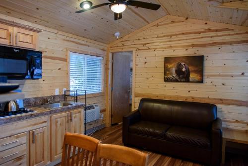 莱文沃思Leavenworth Camping Resort Cottage 5的小木屋内的厨房配有皮沙发