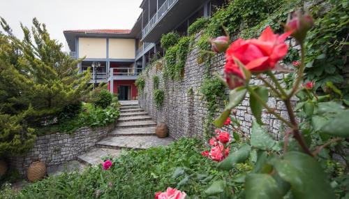 安德里塞纳塞奥克塞尼亚酒店的砖墙,有通道和红色的花