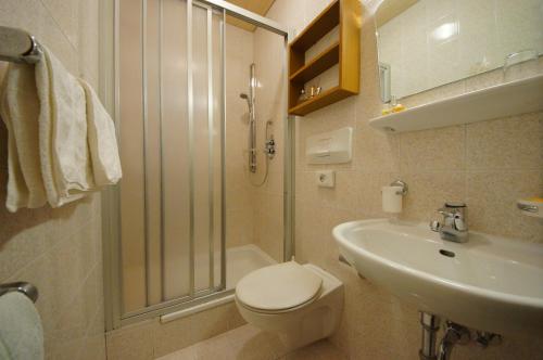 圣维吉利奥Gasthof La Pli Apartments的带淋浴、卫生间和盥洗盆的浴室