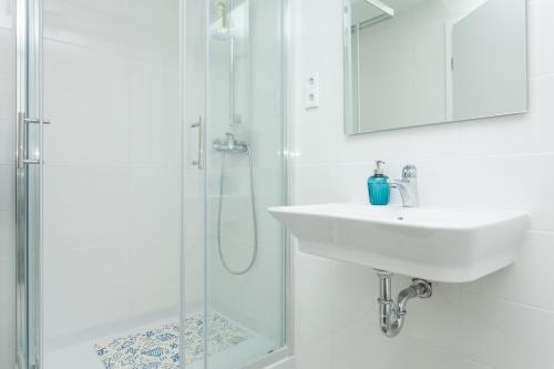 罗维尼Apartment Zdenac的白色的浴室设有水槽和淋浴。