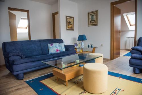 萨拉热窝艾娜公寓的客厅配有蓝色的沙发和玻璃桌