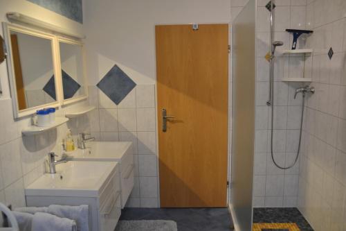 RamspauFerienwohnung Seebauer的带淋浴、盥洗盆和淋浴门的浴室
