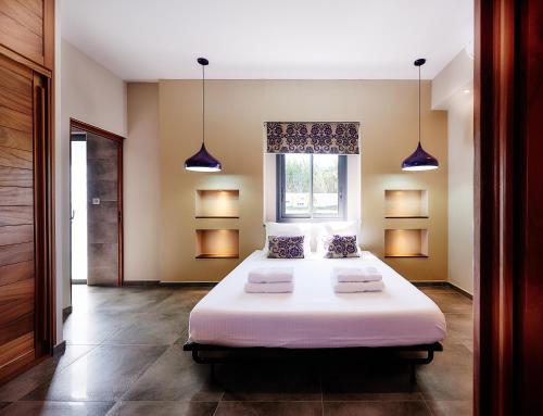 圣皮埃尔五色科菲度假屋的一间卧室配有带两个枕头的床和窗户