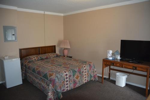 艾伯尼港Bluebird Motel的一间卧室配有一张床和一张书桌及电视