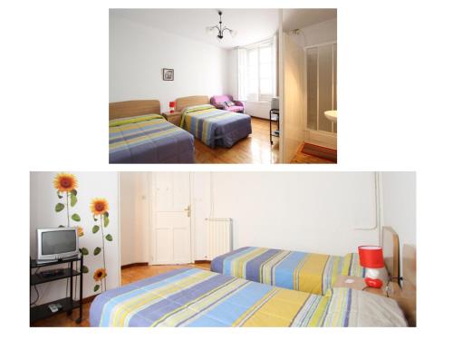 莱昂巴戎寺旅馆的卧室两张图片,配有两张床和电视