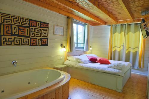 恩泽万Ein Zivan Village Resort的一间带浴缸和床的卧室