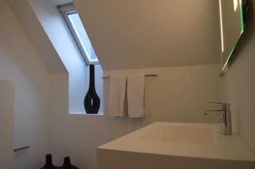 Jægerspris芬霍住宿加早餐旅馆的白色的浴室设有水槽和窗户。