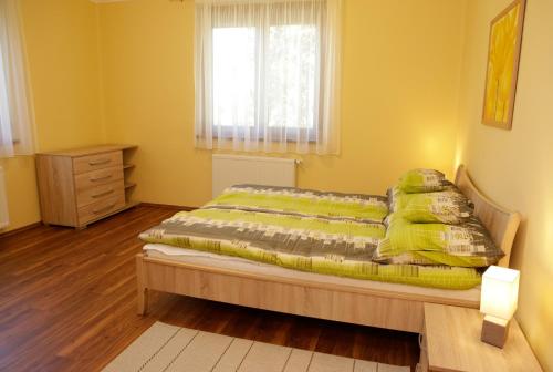 森特什Boróka Vendégház的一间卧室设有一张黄色墙壁和窗户的床