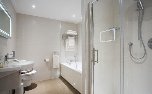 圣欧班广场酒店的带淋浴、卫生间和盥洗盆的浴室