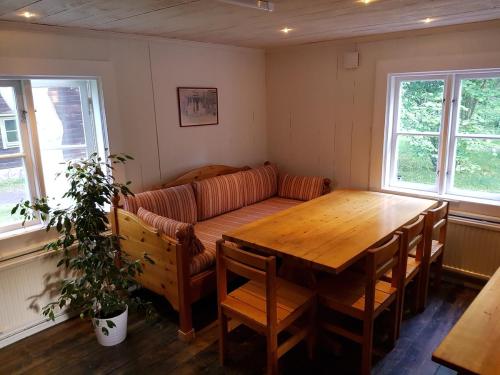 特拉诺斯Tranås Vandrarhem的带沙发和木桌的客厅