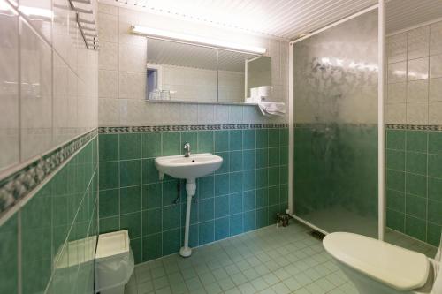 玛丽港艾斯普拉纳德酒店的一间带水槽、淋浴和卫生间的浴室