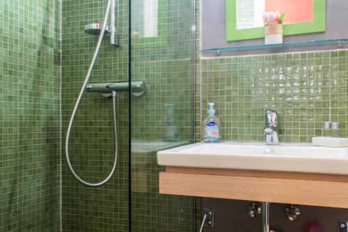 第戎Appartement Le Buffon的绿色瓷砖浴室设有淋浴和水槽