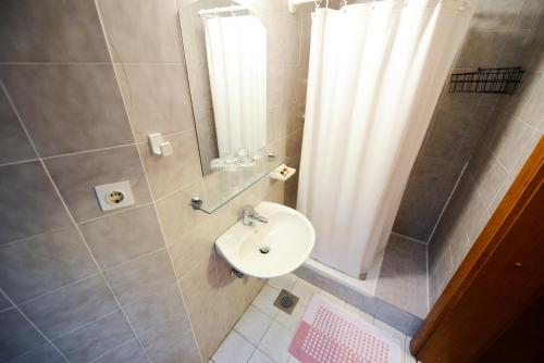 Žerjavka巴克哈斯旅馆的浴室配有水槽和带浴帘的淋浴