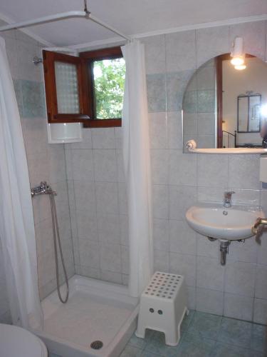 萨莫色雷斯佩特卢达之家旅馆的带淋浴和盥洗盆的浴室