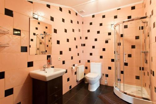 Zhukovtsy得卡奇奥夫宾馆的浴室配有卫生间、盥洗盆和淋浴。
