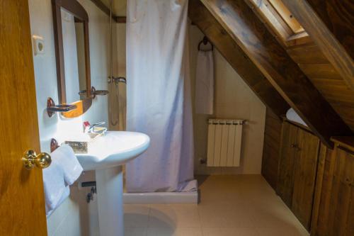 萨拉尔杜Hostal Aiguamog的一间带水槽和淋浴帘的浴室