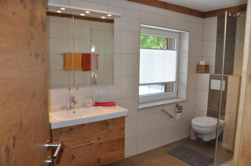 米明Gästehaus Mayer的一间带水槽、卫生间和镜子的浴室