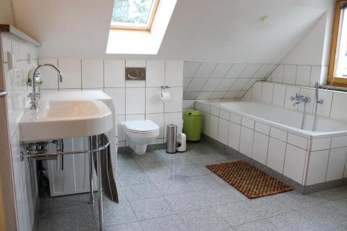 慕尼黑达赫嘎勒瑞公寓的一间带水槽、浴缸和卫生间的浴室