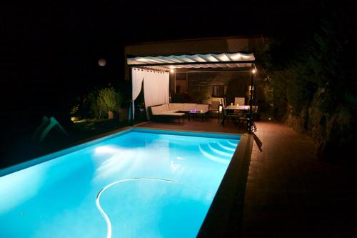 雷森迪Quinta de CasalMato的游泳池在晚上点亮
