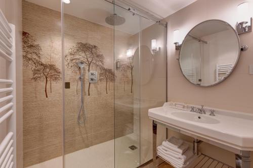 巴黎穆杰酒店的带淋浴、盥洗盆和镜子的浴室