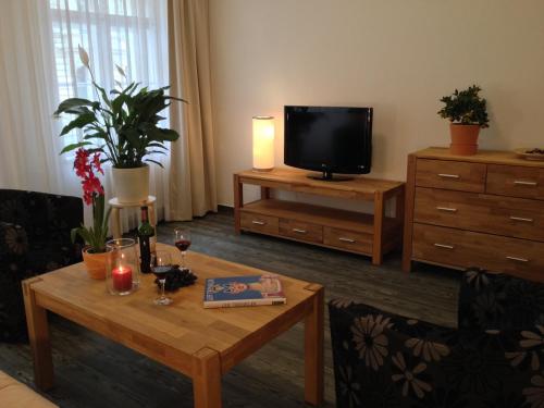莱比锡费尔巴哈公寓的客厅配有桌子和电视