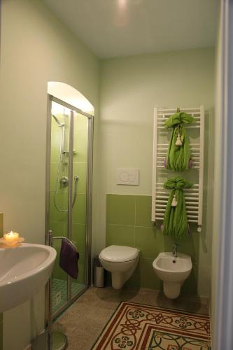 科拉托Locus Amoenus Luxury Rooms的绿色浴室设有卫生间和淋浴。