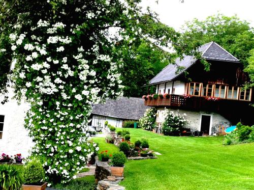 费尔德基兴沃德兰德格勒根度假屋的屋前有白色花的树
