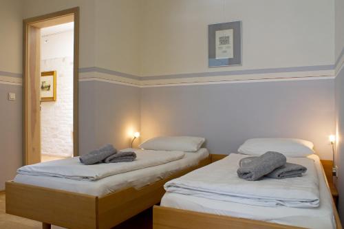 德累斯顿艾尔特日米斯酒店的一间设有两张床铺和毛巾的房间