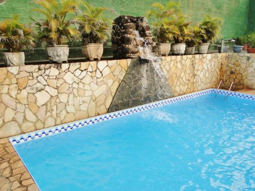 雅库廷加河畔圣丽塔Pousada O Meu Canto的一座拥有喷泉和盆栽植物的游泳池