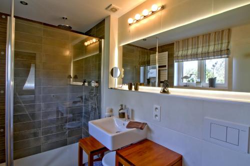 贝尔特里A L'inattendue的一间带水槽、淋浴和镜子的浴室