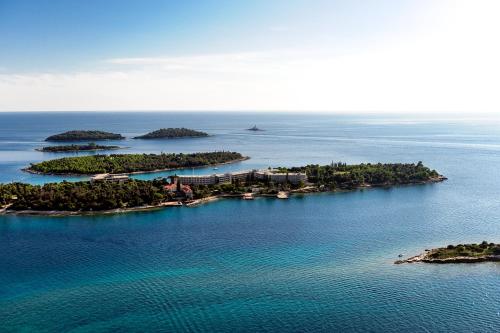 罗维尼Maistra Select Island Hotel Istra的水面上岛屿的空中景观