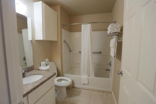 DonnaVictoria Palms Inn and Suites的浴室配有卫生间、盥洗盆和淋浴。