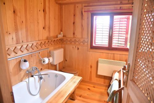 Šmarje pri JelšahLog cabin Silec的带浴缸、卫生间和窗户的浴室