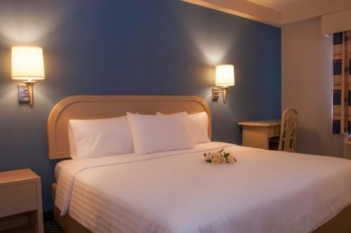 维多利亚城维多利亚旅馆的一间卧室设有一张大床,上面有两只填充动物