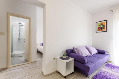 特罗吉尔戈佳一室公寓的一间带紫色沙发的客厅和一间浴室