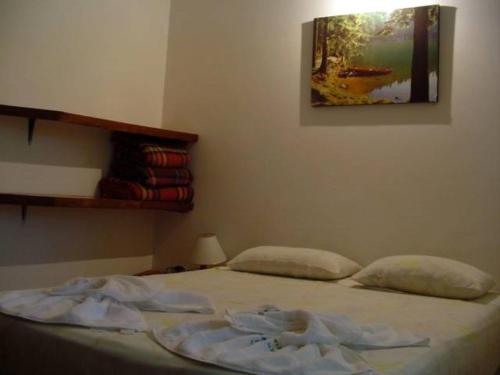 伊利亚孔普里达Samburá Chalés的卧室内的一张床铺,墙上挂着一幅画