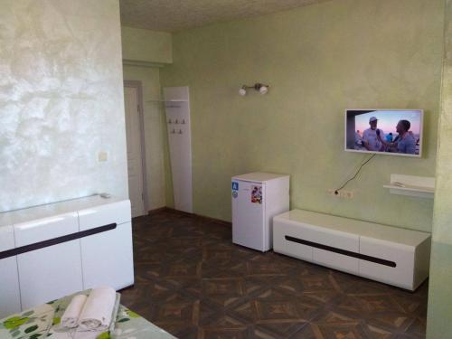 切尔诺莫雷茨Morska Zvezda Guest House的带冰箱的厨房和墙上的电视