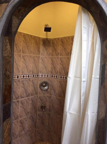 康提晓峰园宾馆的浴室内配有白色淋浴帘。