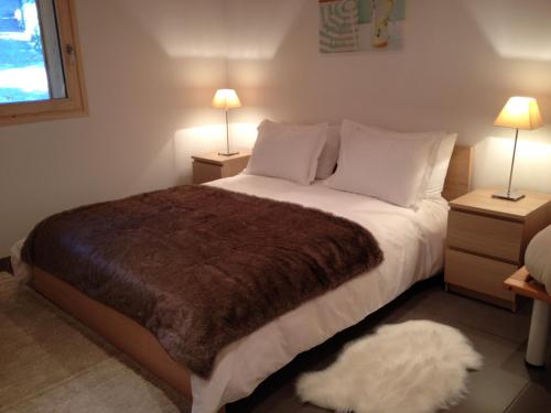 塔卢瓦尔180度湖景别墅的一间卧室配有一张带棕色毯子的大床