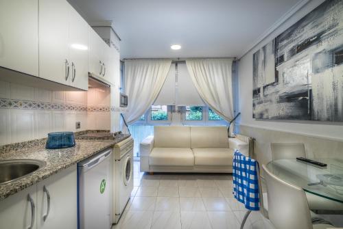 桑坦德拉斯布里萨公寓酒店的一个带水槽的厨房和一张沙发