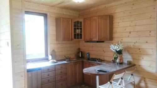 克瓦西Chalet TysaBorkut的厨房配有木制橱柜、桌子和窗户。