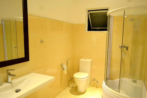 努沃勒埃利耶努沃勒埃利耶全绿景酒店的浴室配有卫生间、盥洗盆和淋浴。
