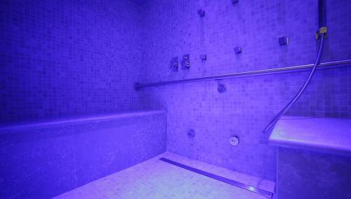 佛罗伦萨文艺复兴酒店的浴室配有浴缸和紫色灯淋浴